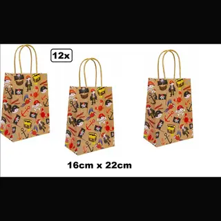 Wefiesta 12x Koordtas Piraten 16cm X 22cm - Goodiebag Papieren Draagtas Tas|koord Festival Kado Themafeest Party Geschenken Verjaardag