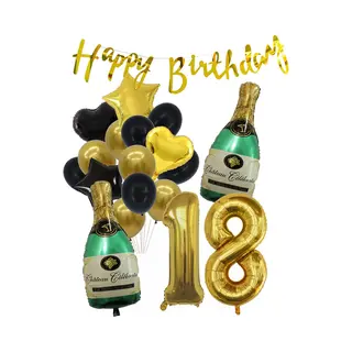 18 Jaar Verjaardag Cijferballon 18 - Feestpakket Snoes Ballonnen Pop The Bottles - Zwart Goud Groen Versiering