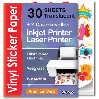 AgoDeo Bedruckbare Klebefolie Semi Transparent - 30 Blätter - A4 - Halb Transparentes Bedruckbares Vinyl Sticker Papier Für Laser & Tintenstrahl -