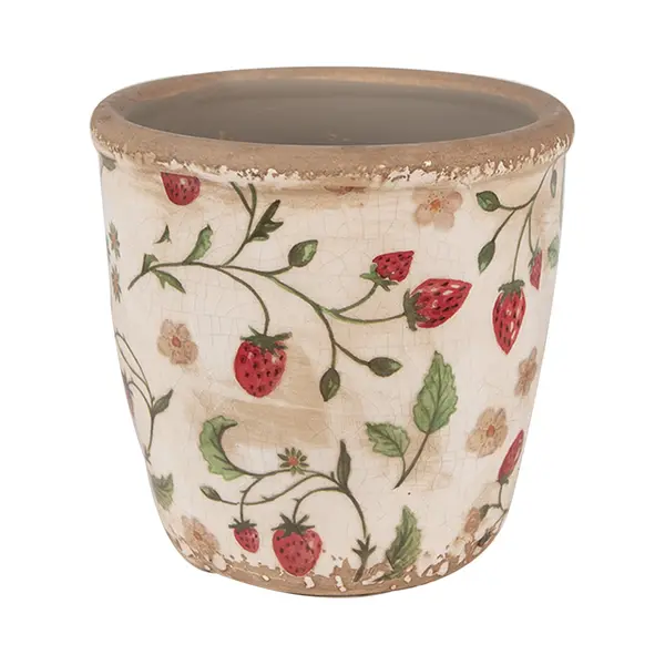 Clayre & Eef Bloempot Ø 13x13 Cm Beige Rood Keramiek Aardbeien thumbnail