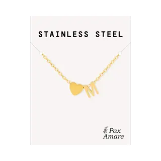 Letter M Ketting Goudkleurig - Stainless Steel - Initiaal & Hartje Hanger - Initialen Ketting Op Cadeau Kaartje - Pax Amare