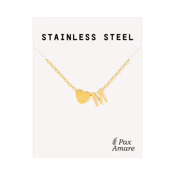 Letter M Ketting Goudkleurig - Stainless Steel - Initiaal & Hartje Hanger - Initialen Ketting Op Cadeau Kaartje - Pax Amare thumbnail