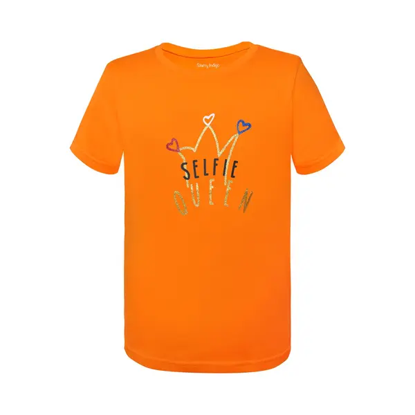 Starry Indigo T-shirt Selfie Queen Met Glitters | Koningsdag Kleding Kinderen | Oranje | Kind 10-11 Jaar | Maat 146 thumbnail