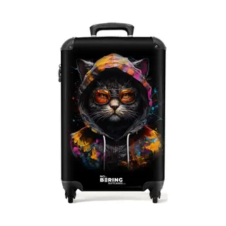 NoBoringSuitcases.com® Adults Luggage Suitcase For Women And Men - Personalised Cabin Suitcase On Wheels - Graffiti - Cat With Vest - 55x40x20cm -