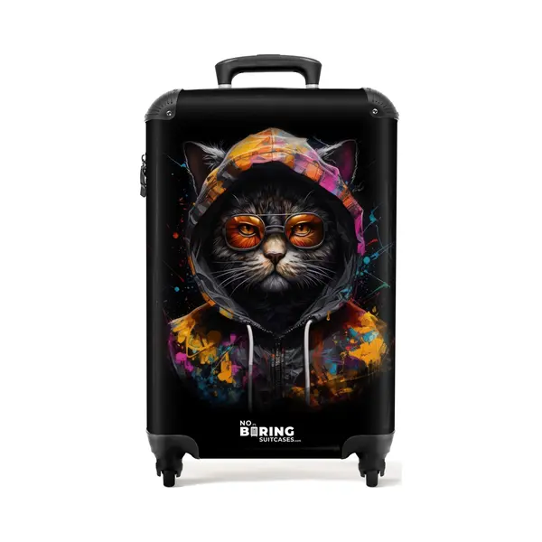 NoBoringSuitcases.com® Adults Luggage Suitcase For Women And Men - Personalised Cabin Suitcase On Wheels - Graffiti - Cat With Vest - 55x40x20cm - thumbnail