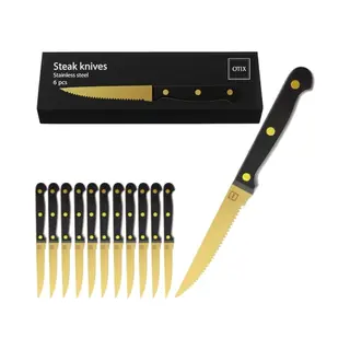 Otix Steakmessen - Set Van 12 Stuks - Vleesmessen - Goud - Zwart - Vaatwasserbestendig - Steakmessenset - Rvs