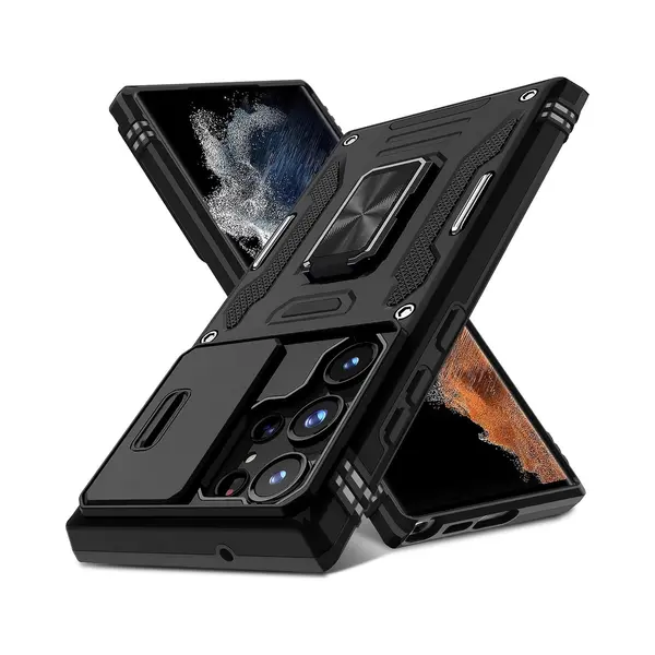 Podec Case Mit Displayschutzfolie - Geeignet Für Samsung Galaxy S23 Ultra - Schwarzes Handy Case - Anti-Shock Case - Hybrid Armor Case Mit Kickstand thumbnail