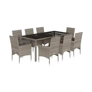 Vidaxl - 9-tlg. Garten-essgruppe Mit Kissen Grau Poly Rattan Und Glas