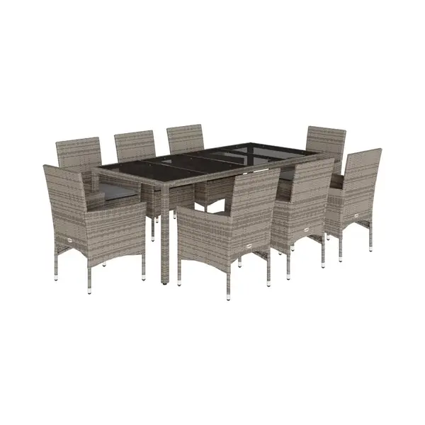 Vidaxl - 9-tlg. Garten-essgruppe Mit Kissen Grau Poly Rattan Und Glas thumbnail