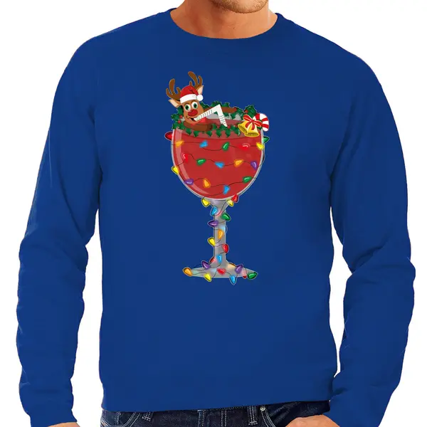 Bellatio Decorations Foute Kersttrui/sweater Voor Heren - Cocktailglas Met Rudolf - Blauw S thumbnail