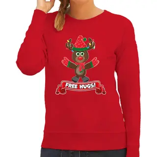 Bellatio Decorations Foute Kersttrui/sweater Dames - Free Hugs - Rood - Rendier S