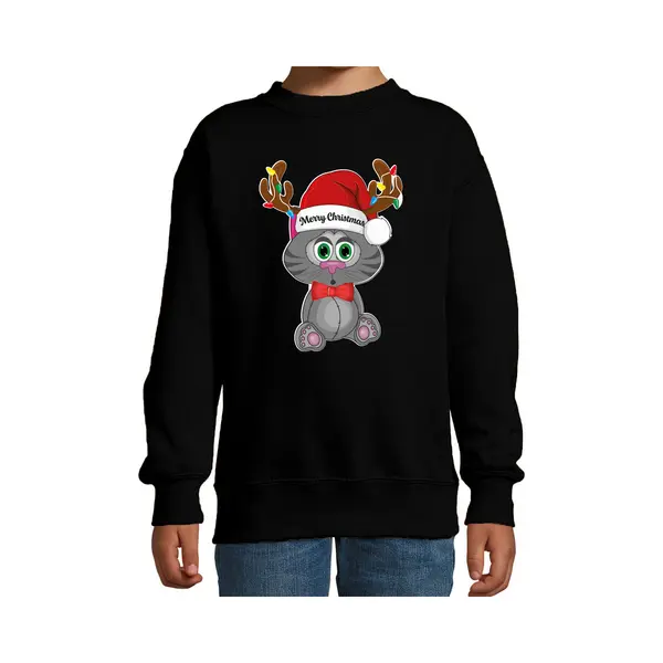 Bellatio Decorations Kersttrui/sweater Voor Jongens/meisjes - Merry Christmas - Zwart - Kerst Poesje 152/164 thumbnail