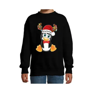 Bellatio Decorations Kersttrui / Sweater Voor Jongens / Meisjes - Merry Christmas - Zwart - Kerst Pinguin 152/164