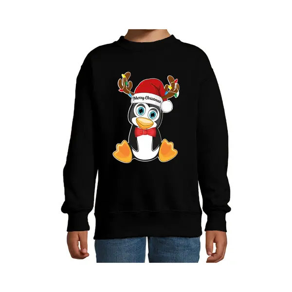 Bellatio Decorations Kersttrui / Sweater Voor Jongens / Meisjes - Merry Christmas - Zwart - Kerst Pinguin 152/164 thumbnail