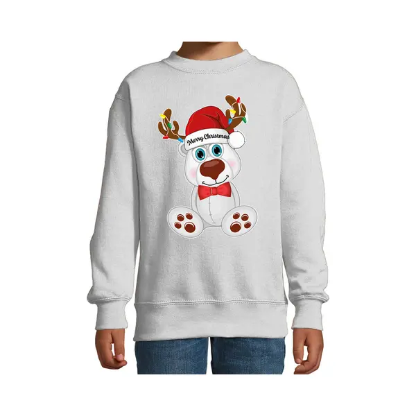 Bellatio Decorations Kersttrui - Sweater - Voor Jongens / Meisjes - Merry Christmas - Grijs - Kerst Ijsbeer 170/176 thumbnail