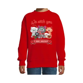 Bellatio Decorations Kersttrui / Sweater - Voor Jongens/meisjes - We Wish You - Rood - Kerst Poesjes - Katten - Dieren 170/176