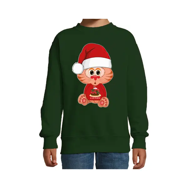 Bellatio Decorations Kersttrui/sweater Voor Jongens/meisjes - All I Want - Taartje - Groen - Kerst Poesje 110/116 thumbnail