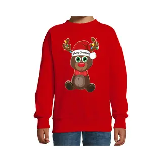 Bellatio Decorations Kersttrui/sweater Voor Jongens/meisjes - Merry Christmas - Rood - Kerst Rendier 110/116