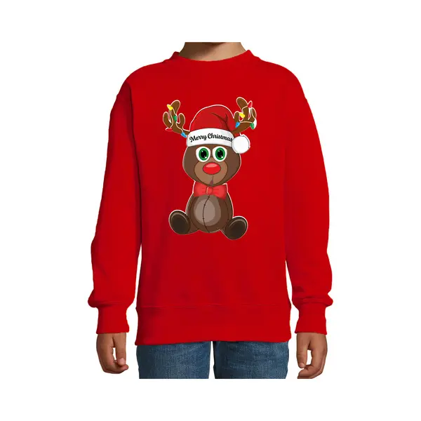 Bellatio Decorations Kersttrui/sweater Voor Jongens/meisjes - Merry Christmas - Rood - Kerst Rendier 110/116 thumbnail