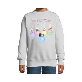 Bellatio Decorations Kersttrui/sweater Voor Jongens/meisjes - Pastel/grijs - Kerstballen - Poesjes 110/116