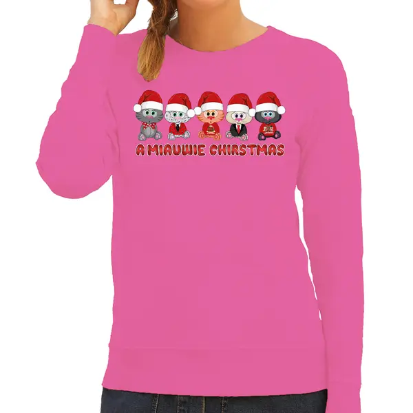 Bellatio Decorations Foute Kersttrui/sweater Voor Dames - Miauwie Kerstfeest - Roze - Kerst Poesjes S thumbnail