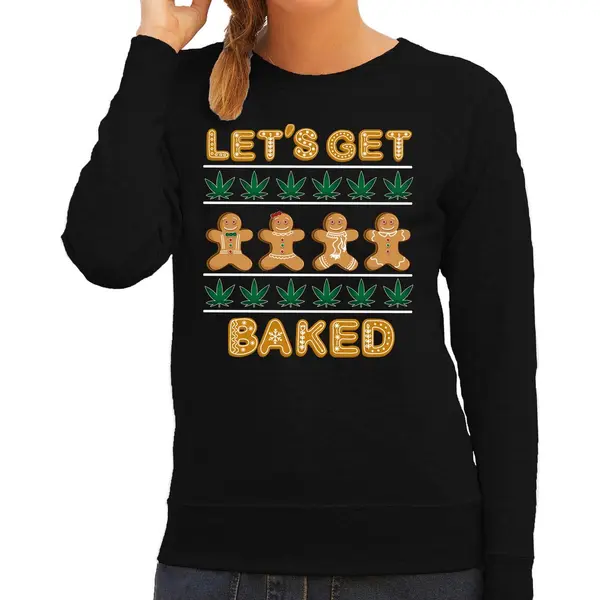 Bellatio Decorations Foute Kersttrui/sweater Voor Dames - Lets Get Baked - Wiet - Zwart - Humor M thumbnail