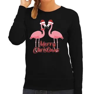 Bellatio Decorations Foute Kersttrui/sweater Voor Dames - Merry Christmas - Flamingo - Zwart - Tropische Kerst L