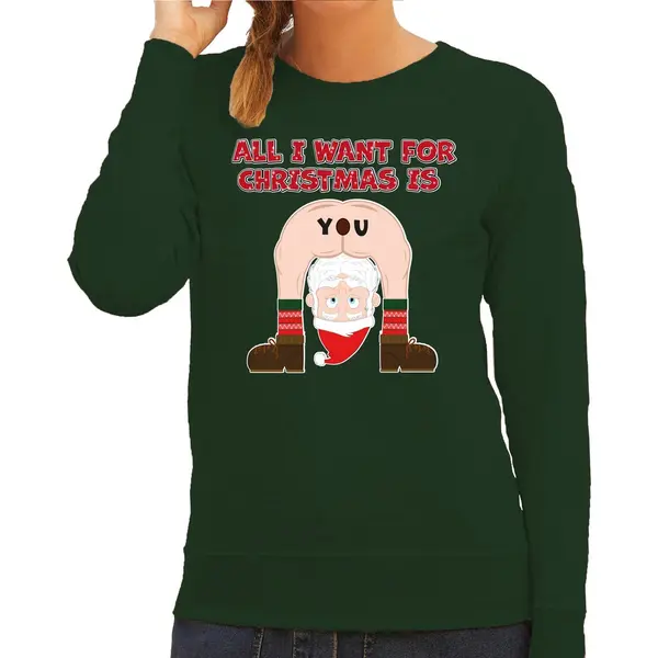 Bellatio Decorations Foute Kersttrui/sweater Voor Dames - All I Want Is - Groen - Blote Kont - Kerstman Xl thumbnail