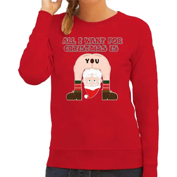 Bellatio Decorations Foute Kersttrui/sweater Voor Dames - All I Want Is - Rood - Blote Kont - Kerstman Xl thumbnail
