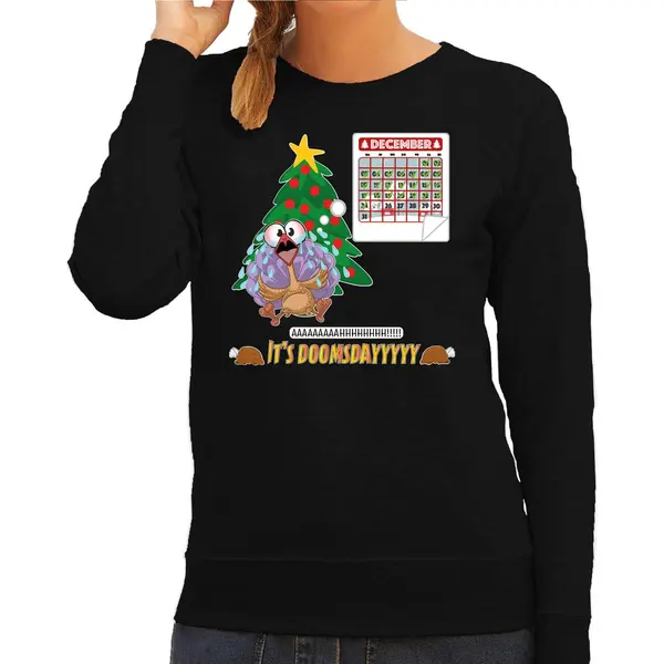 Bellatio Decorations Foute Kersttrui/sweater Voor Dames -doomsday - Zwart - Kalkoen - Kerstfeest Xs thumbnail