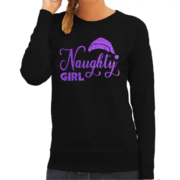 Bellatio Decorations Foute Kersttrui/sweater Dames - Naughty Girl - Zwart - Glitter Paars - Kerstmuts S thumbnail