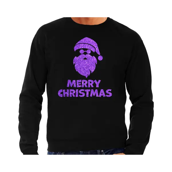 Bellatio Decorations Foute Kersttrui/sweater Voor Heren - Merry Christmas - Zwart - Glitter Paars - Kerstman S thumbnail