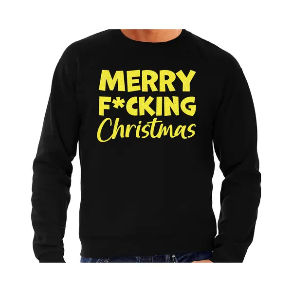 Bellatio Decorations Foute Kersttrui/sweater Voor Heren - Merry F*cking Christmas - Zwart - Glitter Geel S thumbnail