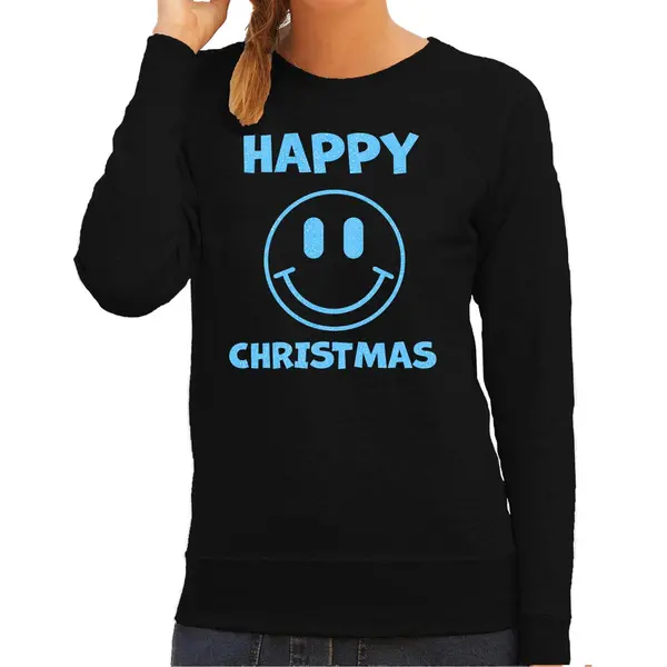 Bellatio Decorations Foute Kersttrui/sweater Dames - Happy Christmas - Zwart - Glitter Blauw - Smile / Emoticon Xxl thumbnail