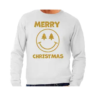 Bellatio Decorations Foute Kersttrui/sweater Voor Heren - Merry Christmas - Grijs - Glitter Goud - Smile / Emoticon S