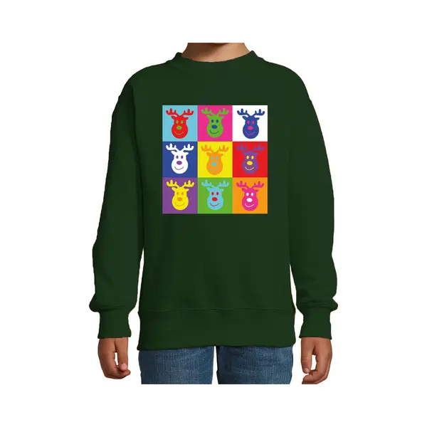 Bellatio Decorations Kersttrui/sweater Voor Jongens/meisjes - Pop Art - Groen - Kerst Rendier 170/176 thumbnail