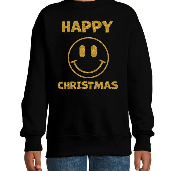 Bellatio Decorations Kersttrui Jongens/meisjes - Happy Christmas - Zwart - Smile / Emoticon - Glitter Goud 110/116 thumbnail