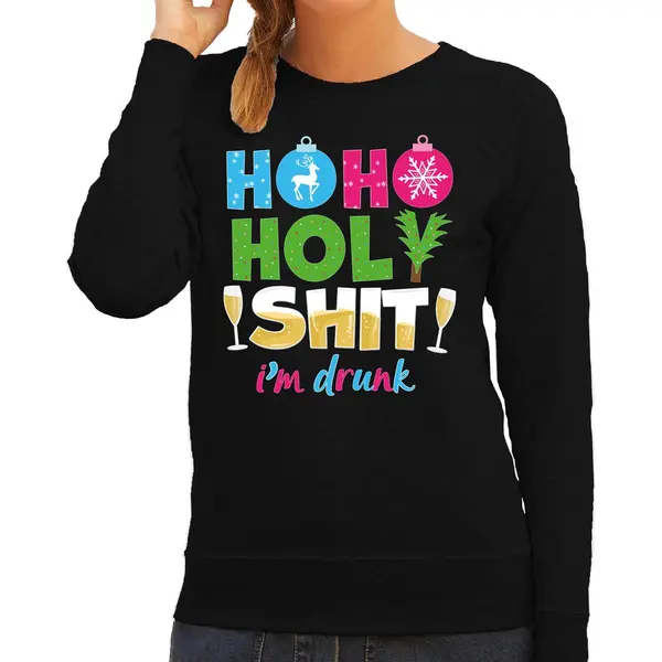 Bellatio Decorations Foute Kersttrui/sweater Voor Dames - Hohoholy Shit - Dronken - Zwart - Hilarische Kerst M thumbnail