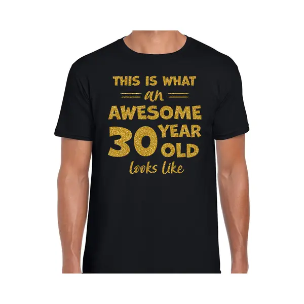Bellatio Decorations Cadeau T-shirt Voor Heren - Leeftijd 30 Jaar - Awesome - Zwart - Glitter Goud Xl thumbnail