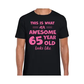 Bellatio Decorations Cadeau T-shirt Voor Heren - Leeftijd 65 Jaar - Awesome - Zwart - Glitter Roze M