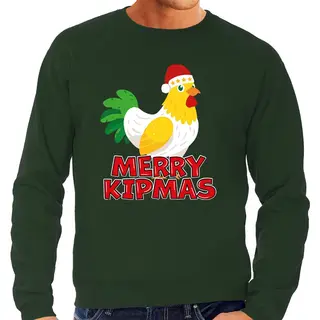 Bellatio Decorations Foute Kersttrui Voor Heren - Merry Kipmas - Groen - Hilarisch - Kip Met Kerstmuts L