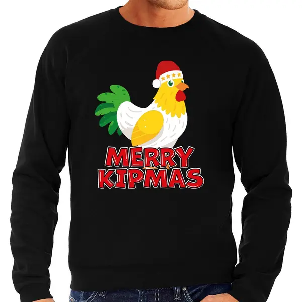 Bellatio Decorations Foute Kersttrui Voor Heren - Merry Kipmas - Zwart - Hilarisch - Kip Met Kerstmuts L thumbnail