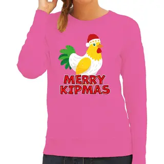 Bellatio Decorations Kersttrui Voor Dames - Merry Kipmas - Roze - Kerst Kip - Schattige Kerst S