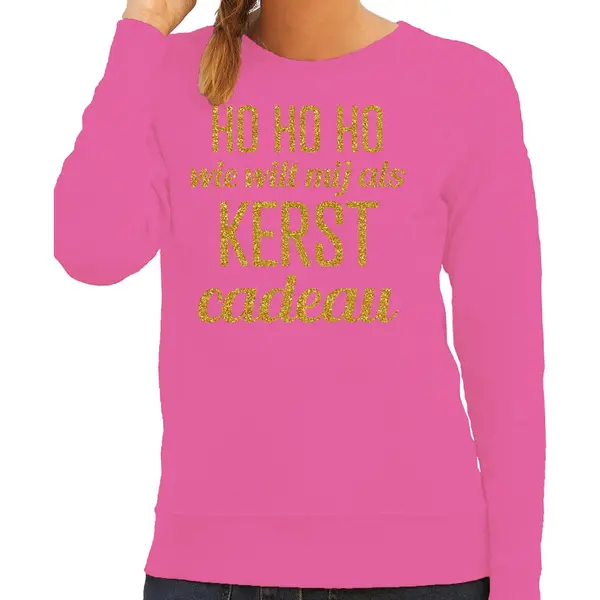 Bellatio Decorations Foute Kersttrui/sweater Voor Dames - Hohoho Kerst Cadeau - Roze - Glitter Goud Xs thumbnail