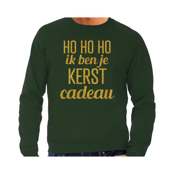 Bellatio Decorations Foute Kersttrui/sweater Voor Heren - Hohoho Kerst Cadeau - Groen - Glitter Goud Xl thumbnail