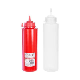 Doseer/sausfles - 2x Stuks - 1 Liter/1, 5 Liter - Rood/transparant - Kunsstof - Met Schenktuit