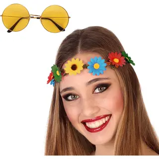 Faram Party Flower Power Verkleed Accessoires Dames - Bloemen Hoofdband - Hippie Bril Ronde Glazen In Het Geel Thema - Sixties Thema