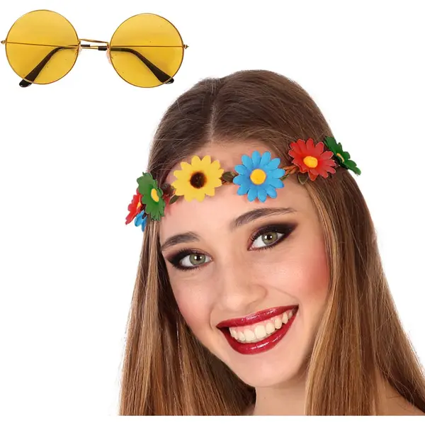 Faram Party Flower Power Verkleed Accessoires Dames - Bloemen Hoofdband - Hippie Bril Ronde Glazen In Het Geel Thema - Sixties Thema thumbnail