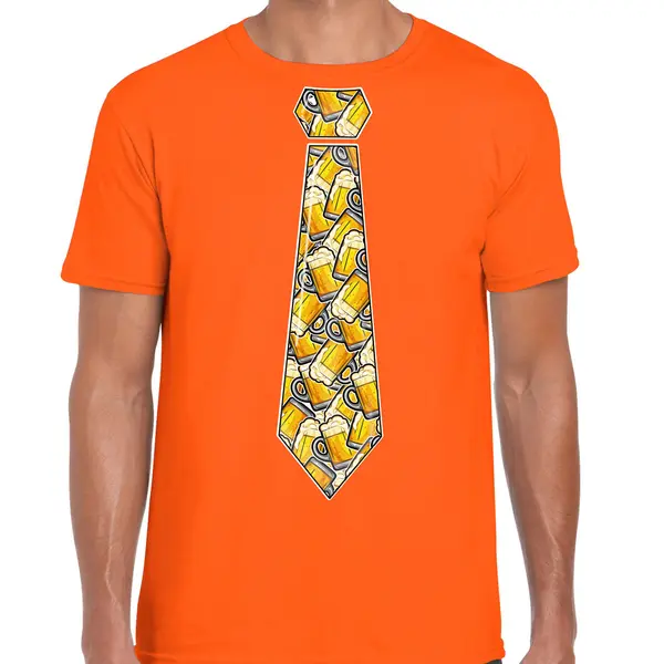 Bellatio Decorations Koningsdag Verkleed T-shirt Heren - Stropdas Met Bierglazen - Oranje L thumbnail