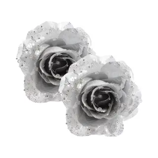Decoris Kerstboomversiering Bloem - 2x - 12 Cm - Zilver - Op Clip - Ornament - Roos